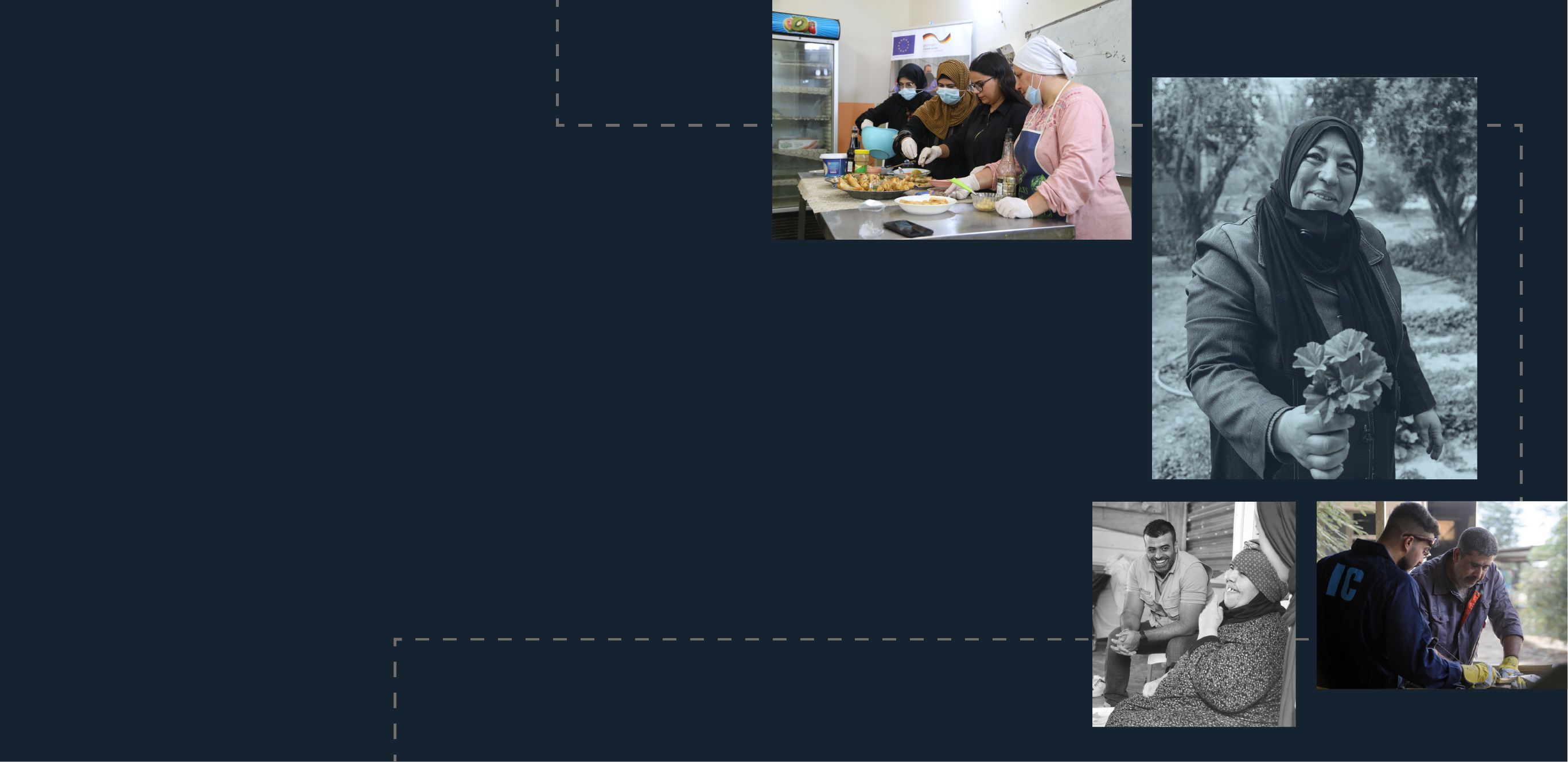 Header image with collage of photos showing Iraqi women cooking, a smiling woman with a bouquet of flowers, a Blumont employee laughing, and two male refugees welding. 